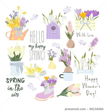 Cartoon Set with Fresh Spring Flowers Bouquets and Birds 99256066