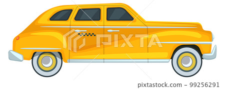 Yellow retro car with checkered pattern. Cartoon taxi side view 99256291