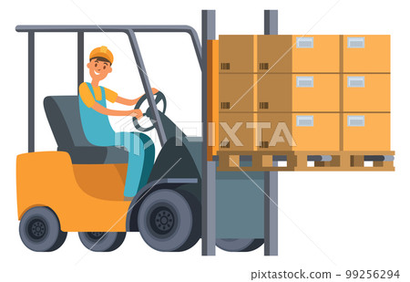 Warehouse worker riding forklift with cargo cardboard boxes Warehouse worker riding forklift with cargo cardboard boxes 99256294