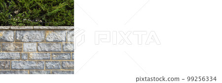 Sturdy blue and gray cut stone wall, seamless lined up, pine trees on the wall, banner mock up poster desing Sturdy blue and gray cut stone wall, seamless lined up, pine trees on the wall, banner mock up poster desing 99256334