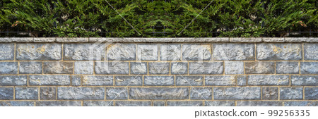 Sturdy blue and gray cut stone wall, seamless lined up, pine trees on the wall Sturdy blue and gray cut stone wall, seamless lined up, pine trees on the wall 99256335