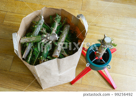 Christmas tree cut into pieces and put in a recycled paper bag after the holiday Christmas tree cut into pieces and put in a recycled paper bag after the holiday 99256492