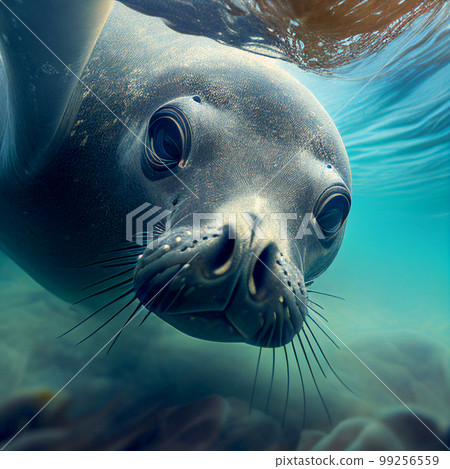 Underwater photography of a seal, close-up muzzle of a seal in transparent sea water. Underwater photography of a seal, close-up muzzle of a seal in transparent sea water. 99256559