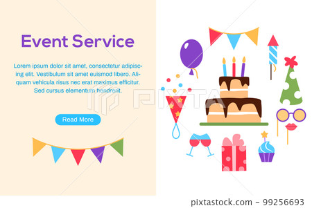 Event service web page with text space button. Birthday party carnival festival celebration banner or background with fun colorful flat elements cake present balloons cupcake candy vector illustration Event service web page with text space button. Birthday party carnival festival celebration banner or background with fun colorful flat elements cake present balloons cupcake candy vector illustration 99256693