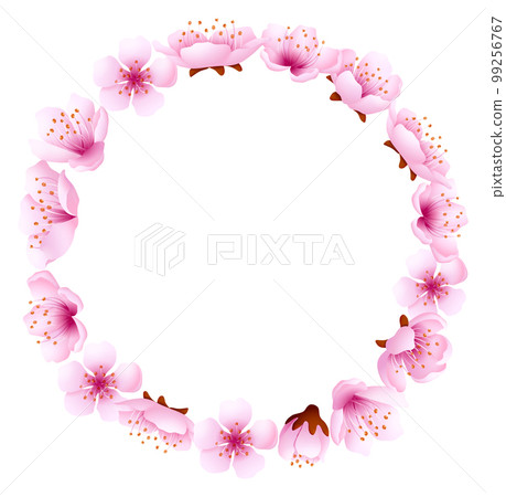 Round sakura frame. Realistic pink flowers border Round sakura frame. Realistic pink flowers border 99256767