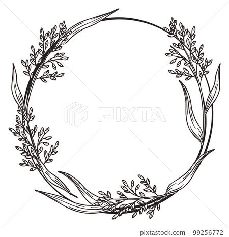 Retro round border with floral branch. Hand drawn botany Retro round border with floral branch. Hand drawn botany 99256772