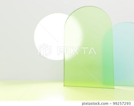3D Rendering Minimal Studio Shot Pastel Color Transparent Acrylic Board and Round Window with Sunlight Product Display Background for Fashion, Cosmetics and Trendy Products. 99257293