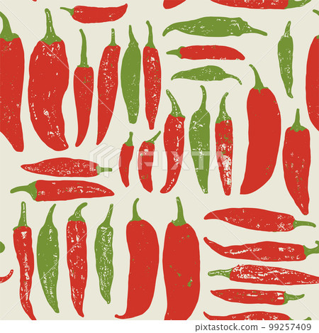 Vector Retro Screen Print Chili or Pepper Seamless Surface Pattern for Products or Wrapping Paper Prints. Vector Retro Screen Print Chili or Pepper Seamless Surface Pattern for Products or Wrapping Paper Prints. 99257409