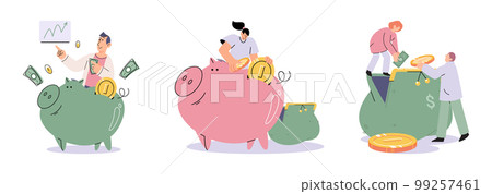 Businessman holds piggy bank collects dollar coins for good financial investment. Personal budget Businessman holds piggy bank collects dollar coins for good financial investment. Personal budget 99257461