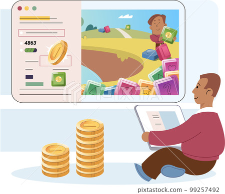 Play to earn concept with man playing computer game with character runs in forest for coins 99257492