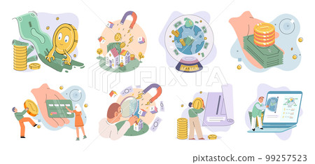 Successful money investment. Calculating corporate budget, analyzing finance report, savings big set 99257523