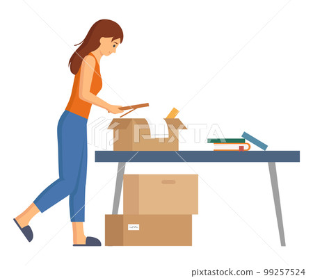 Relocation and move to new house concept. Young female character moving into new family home 99257524