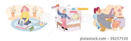 Children at home with phones and tablets set. Kids remote education, toddlers use smart technologies 99257530