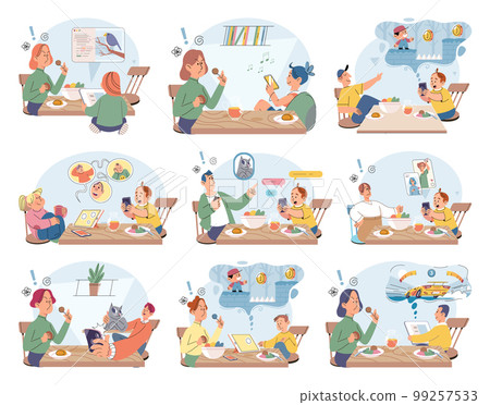 Children at home with phones and tablets set. Kids remote education, toddlers use smart technologies 99257533