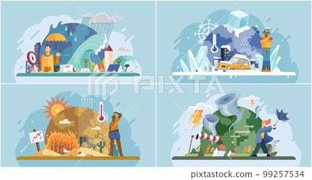 Extreme weather conditions. Natural disasters cartoon vector set. Catastrophe and cataclysm 99257534