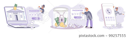 Hacker activity big set. Hacking computer. Phishing account, cyber attack on personal data Hacker activity big set. Hacking computer. Phishing account, cyber attack on personal data 99257555