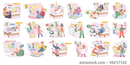 Children at home with phones and tablets set. Kids remote education, toddlers use smart technologies 99257582