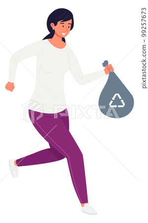 Woman running recycle trash bag. Waste dumping 99257673