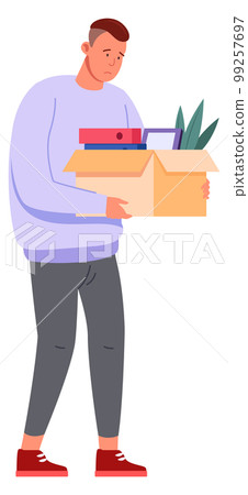Sad man with stuff in cardboard box. Fired person Sad man with stuff in cardboard box. Fired person 99257697