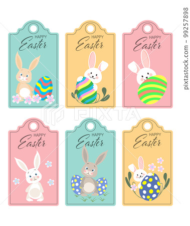 Set of Easter stickers, labels. Cute Easter Bunny with eggs and flowers. Postcards, stickers, cartoon childish style, vector 99257898