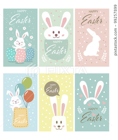 Cute Easter Bunny with eggs and flowers. Set of postcards, stickers, cartoon children's style, vector. 99257899