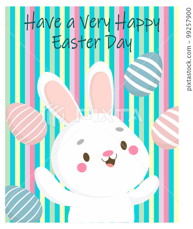 Cute Easter Bunny with eggs on a striped background. Greeting card, holiday poster, cartoon children's style, vector. 99257900