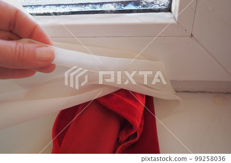 Curtain - white tulle froze to pvc window frame. Melting ice on the glass pane. Problems of heating, maintaining an ergonomic climate in the apartment. Mold on windows. Woman's hand. Economic crisis 99258036