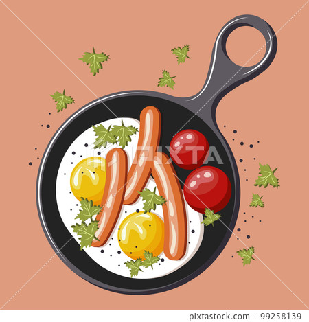 Healthy breakfast, fried eggs with sausages, tomatoes and herbs in a frying pan. Food illustration, vector. Healthy breakfast, fried eggs with sausages, tomatoes and herbs in a frying pan. Food illustration, vector. 99258139