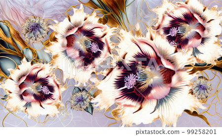 Oil flower painting, botanic print on canvas, greeting card, nature concept. Generated AI. Oil flower painting, botanic print on canvas, greeting card, nature concept. Generated AI. 99258201