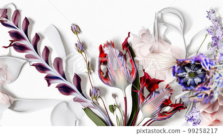 Oil flower painting, botanic print on canvas, greeting card, nature concept. Generated AI. 99258217