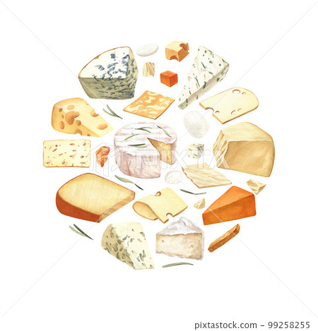 Watercolor different cheese round frame template. Hand draw circle card background with food objects on isolated white. Drink for food menu, cafe, wine list, label, banner, flyer, brochure 99258255