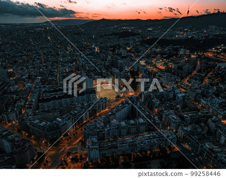 Barcelona street aerial view with beautiful patterns in Spain. Barcelona sunset skyline aerial view with buildings in Spain. Magical sunset over Barcelona. 99258446