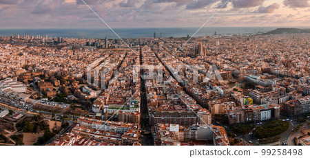 Barcelona street aerial view with beautiful patterns in Spain. Barcelona skyline aerial view with buildings in Spain. Barcelona street aerial view with beautiful patterns in Spain. Barcelona skyline aerial view with buildings in Spain. 99258498