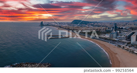 Panoramic aerial view of famous Barceloneta beach with hotel luxury W Barcelona. Birds eye of Barcelona, Catalunya, Spain. 99258564
