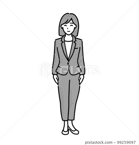 穿著褲裝的女人的插圖,全身,單色 穿著褲裝的女人的插圖,全身,單色 99259097