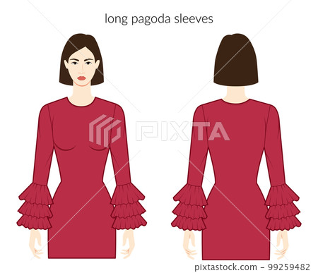 Pagoda sleeves long length clothes character beautiful lady in red top, shirt, dress technical fashion illustration 99259482