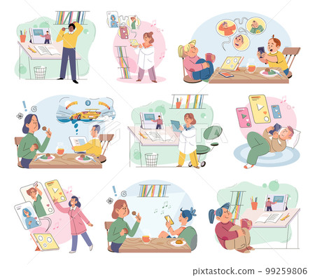 Happy little kid using tablet vector set, child watching smartphone while eating at kitchen at home Happy little kid using tablet vector set, child watching smartphone while eating at kitchen at home 99259806