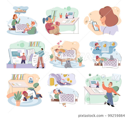 Children at home with phones and tablets set. Kids remote education, toddlers use smart technologies 99259864