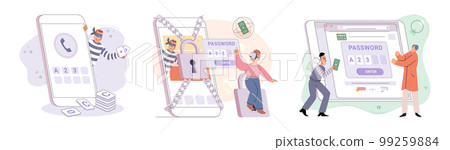 Hacker activity big set. Hacking computer. Phishing account, cyber attack on personal data 99259884