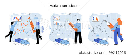 Stock market manipulation. Characters analyzing stock market data to control financial graphic chart Stock market manipulation. Characters analyzing stock market data to control financial graphic chart 99259928