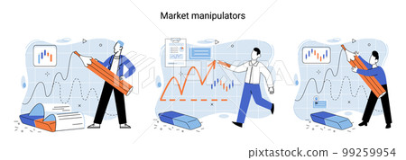 Stock market manipulation. Characters analyzing stock market data to control financial graphic chart 99259954