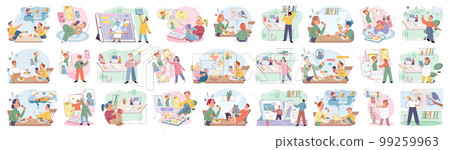 Children at home with phones and tablets set. Kids remote education, toddlers use smart technologies Children at home with phones and tablets set. Kids remote education, toddlers use smart technologies 99259963