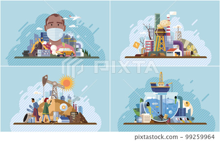 Air water pollution by industrial production concept set. Factory emitting smoke pouring toxic waste Air water pollution by industrial production concept set. Factory emitting smoke pouring toxic waste 99259964