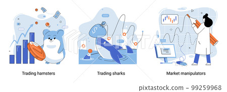 Stock market manipulation. Characters analyzing stock market data to control financial graphic chart Stock market manipulation. Characters analyzing stock market data to control financial graphic chart 99259968