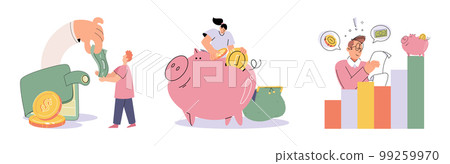 Businessman holds piggy bank collects dollar coins for good financial investment. Personal budget Businessman holds piggy bank collects dollar coins for good financial investment. Personal budget 99259970