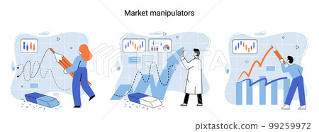 Stock market manipulation. Characters analyzing stock market data to control financial graphic chart Stock market manipulation. Characters analyzing stock market data to control financial graphic chart 99259972