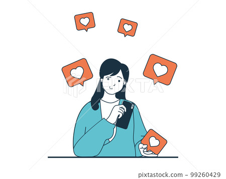 Internet addiction concept with character situation. Woman obsessing over networking and audience attention collecting likes and hearts. Vector illustration with people scene in flat design for web 99260429