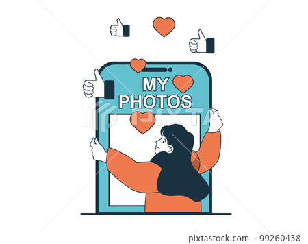 Internet addiction concept with character situation. Woman addicted to attention on Internet, suffers from collecting likes and comments. Vector illustration with people scene in flat design for web 99260438