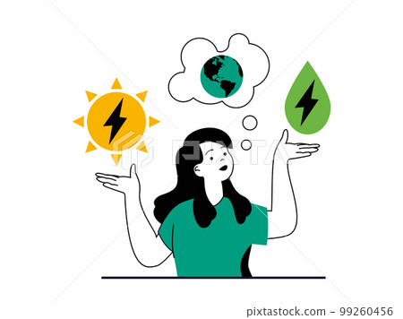 Green energy concept with character situation. Eco friendly woman trying to save earth planet nature and uses alternative energy sources. Vector illustration with people scene in flat design for web 99260456