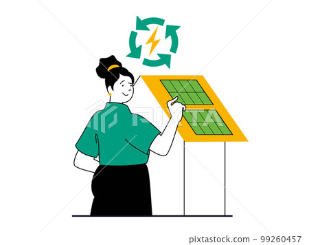 Green energy concept with character situation. Woman using solar panels to generate electricity, renewable source and nature conservation. Vector illustration with people scene in flat design for web 99260457